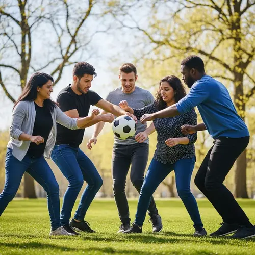 Diverse Group Playing Football with Joy | Park Setting
