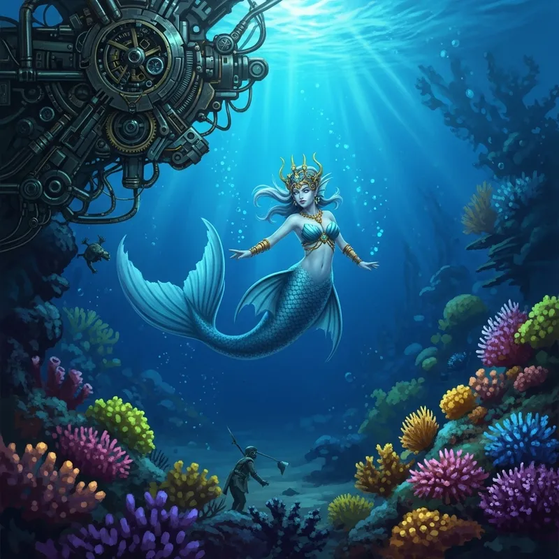 Graceful Mermaid in Ethereal Coral Reef