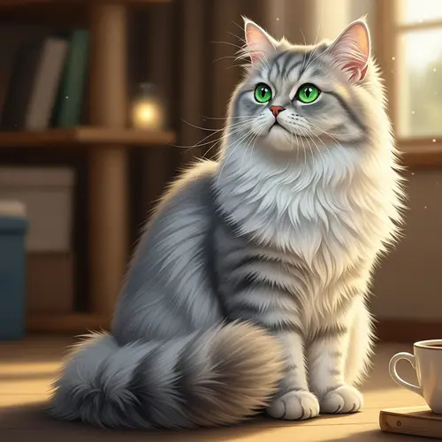 Fluffy Persian Cat with Emerald Green Eyes in Serene Setting