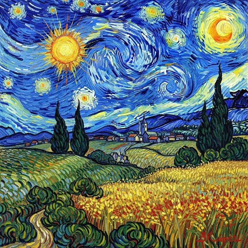 Van Gogh Inspired Artwork: Starry Night Sky in Vibrant Colors