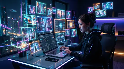 Futuristic Digital Workspace with AI Imagery