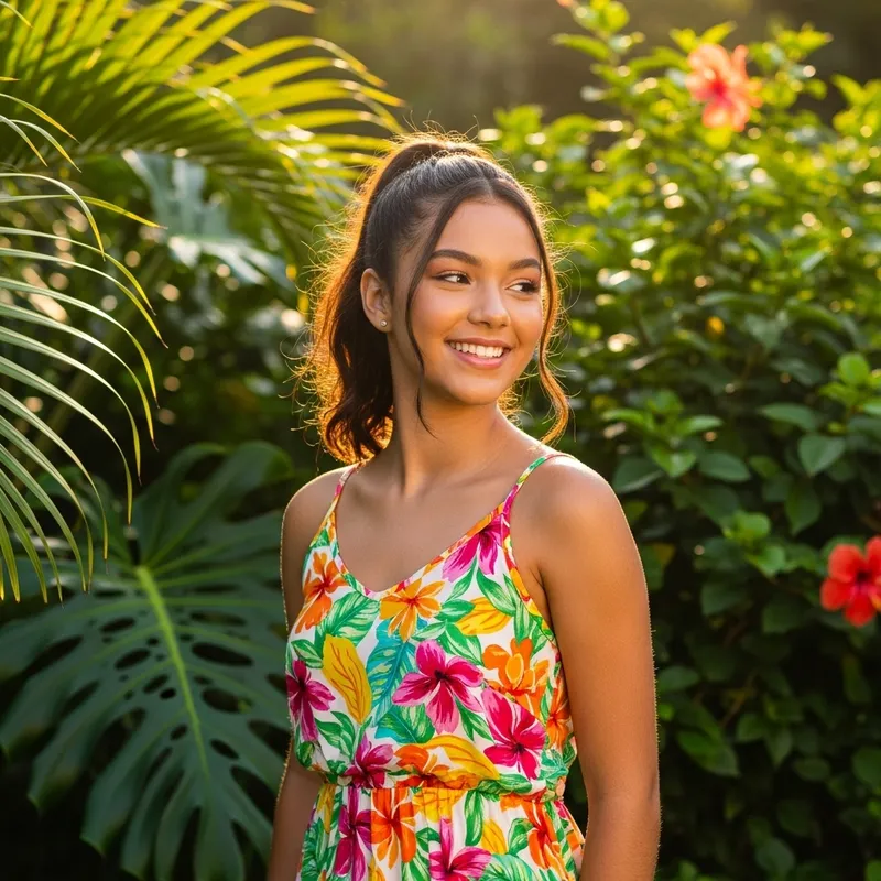 Smiling Teenage Girl in Colorful Sundress from Brazil