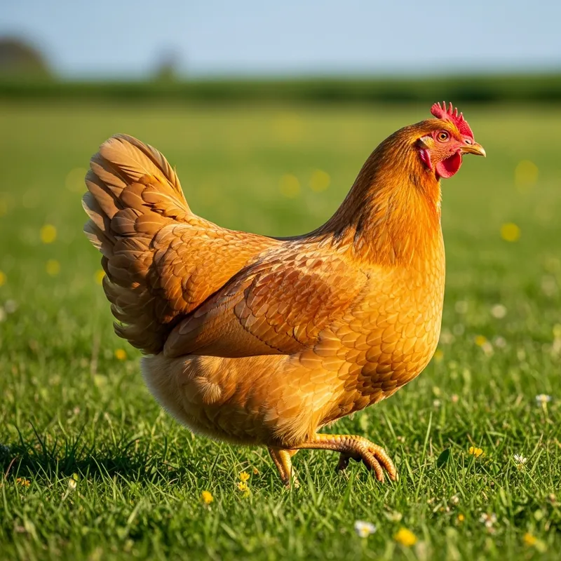 Golden Hen in Sunlit Green Field | Una Picha