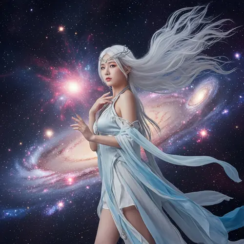 Ethereal East Asian Woman with Long White Hair in Cosmic Setting