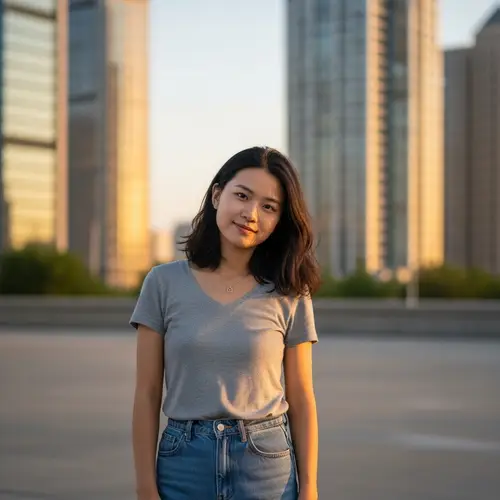 24-Year-Old Chinese Woman in Casual Attire | Urban Sunset Portrait