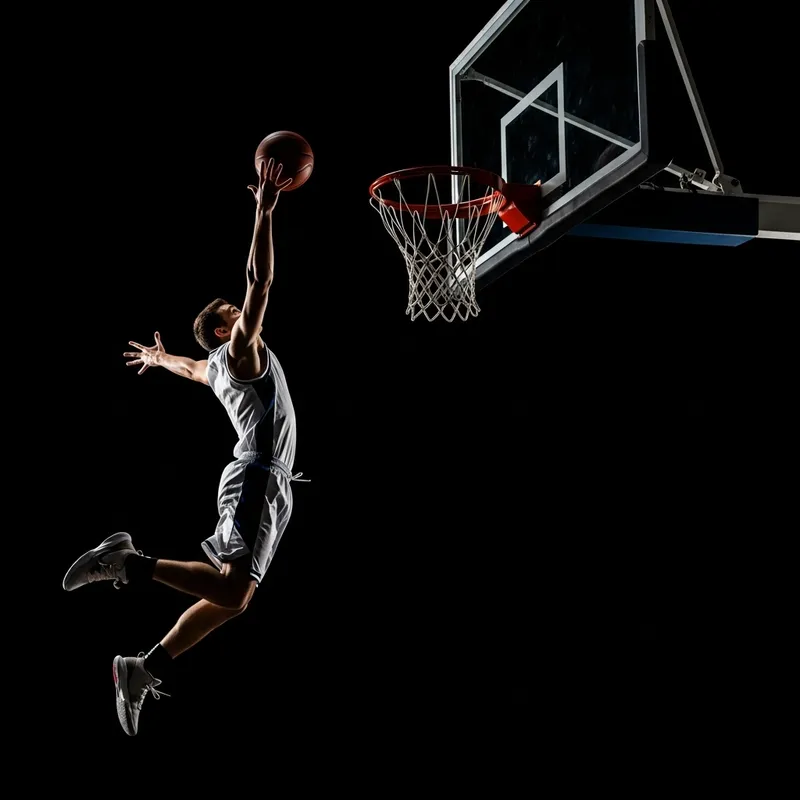 Black Background Basketball Player Leaping into Hoop