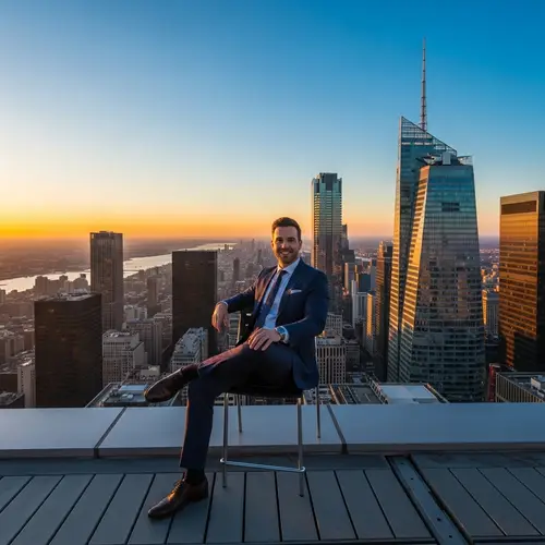 Urban Style: Serenity at Heights | Man in Suit on Skyscraper
