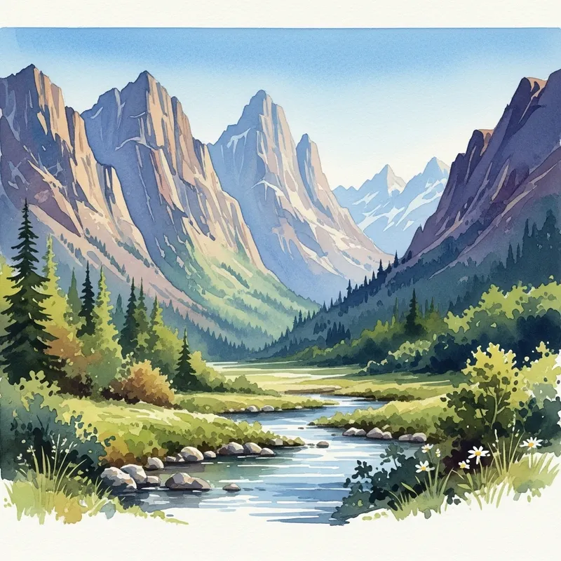 Serene Watercolor Mountains Landscape - Nature Art