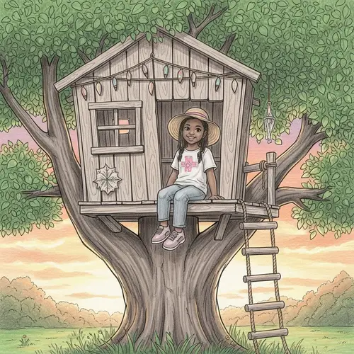 Young Girl in Handcrafted Tree House Pencil Sketch