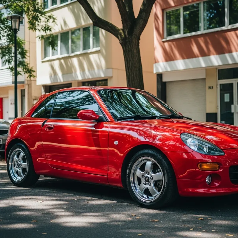 1$ Red Glossy Sportscar Under Tree-Lined Street