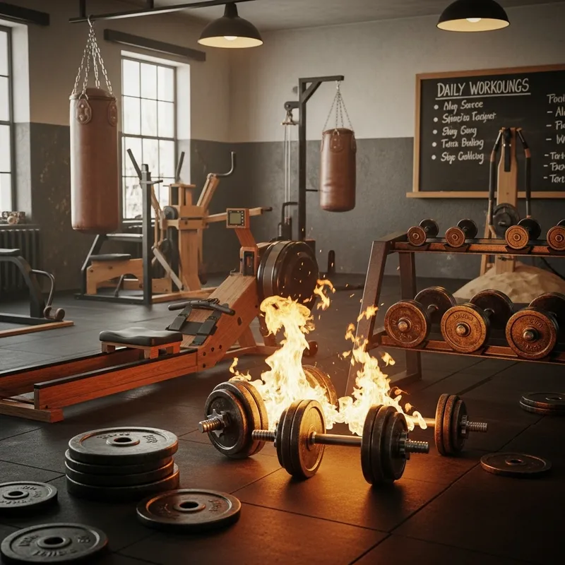Retro Gym Fire Dumbbells: Fiery Fitness Atmosphere Retro Gym Fire Dumbbells: Fiery Fitness Atmosphere