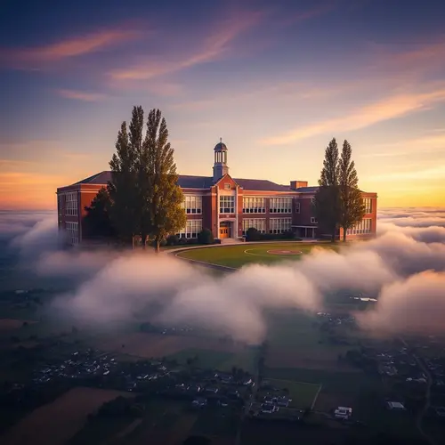 Surreal Village Elementary School Floating in Twilight Sky