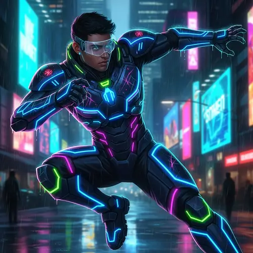 Futuristic Armor Suit | Vibrant Neon Cyberpunk Art