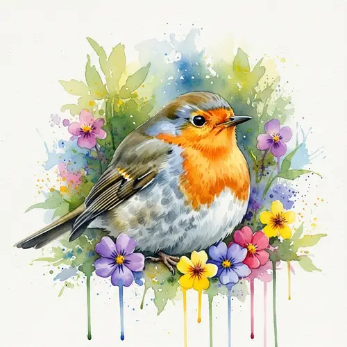 Watercolour Robin Among Enchanting Flowers - Artistic Painting