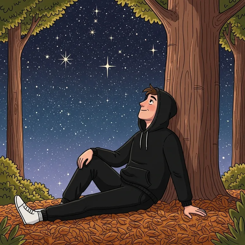 White Man in Black Outfit Stargazing on Forest Floor