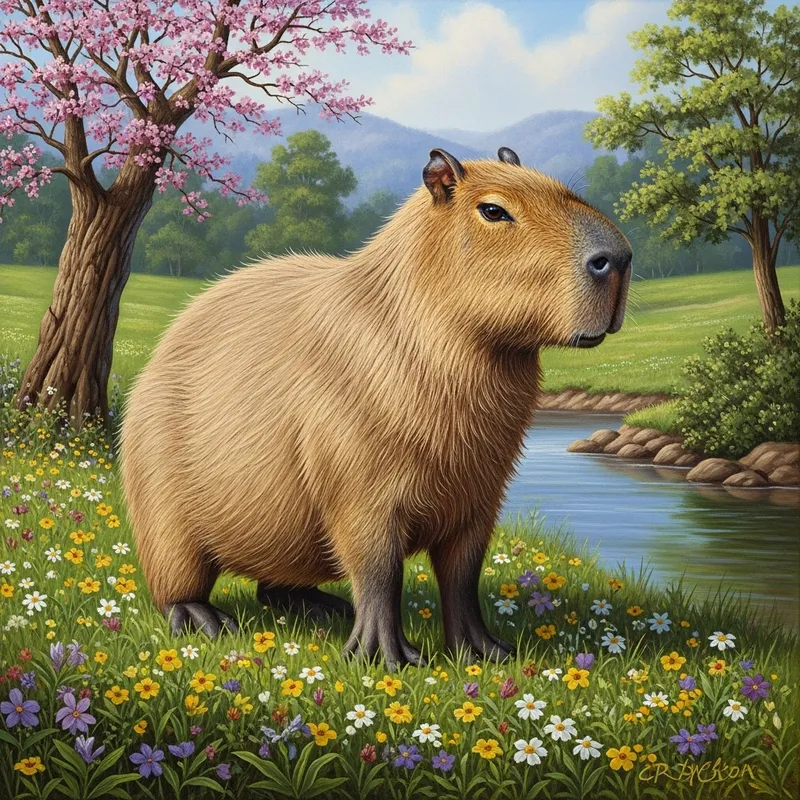 Renaissance Capybara Portrait in Spring Meadow