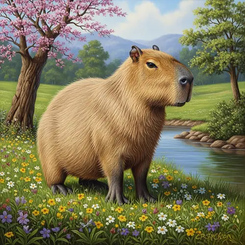 Renaissance Style Capybara Oil Painting in Lush Spring Meadow