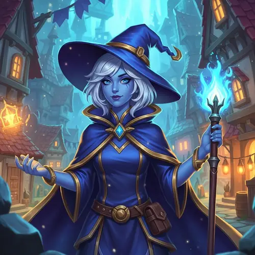 Magical Wizard Cloak: Vibrant Fantasy Art with Blue-Skinned Woman