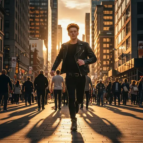 Energetic Red Hair Male Teen Running in Stylish Jacket | City Scene