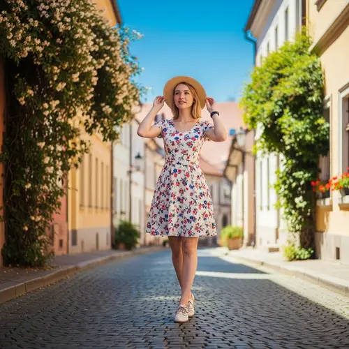 Charming European Girl Walking on Sunny Cobblestone Street