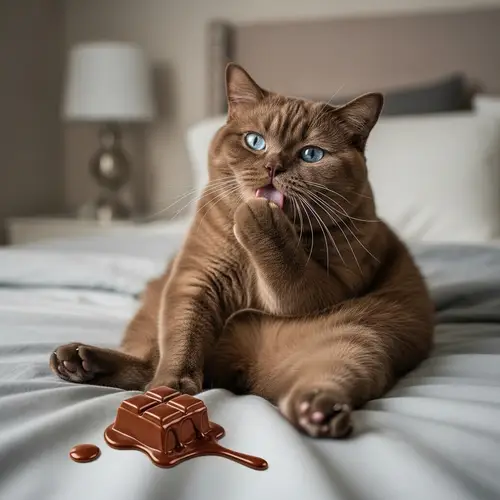 Chunky Chocolate British Shorthair Cat Lying on Bed
