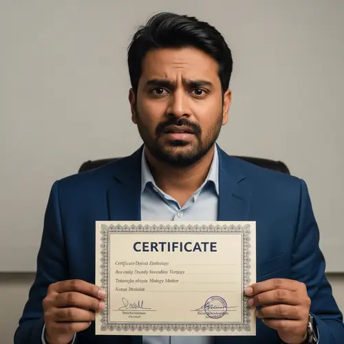 Anxious South Asian Man in Smart-Casual Attire with Certificate