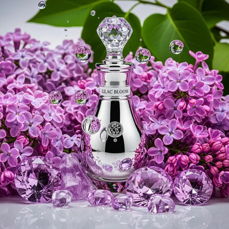 Elegant Perfume Bottle in Vibrant Lilac Flowers | 8k Studio Capture