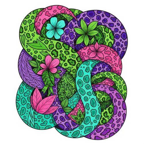 Vibrant Sustainability Art: Animal Prints & Flora in Green, Pink, Purple, Turquoise