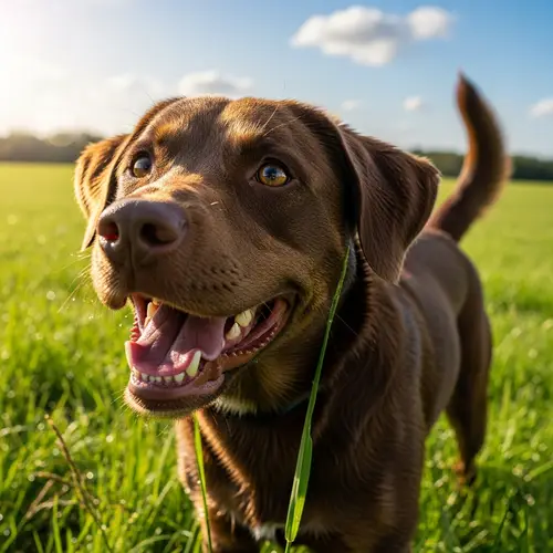 Friendly Brown Dog Playing in Green Grassy Field