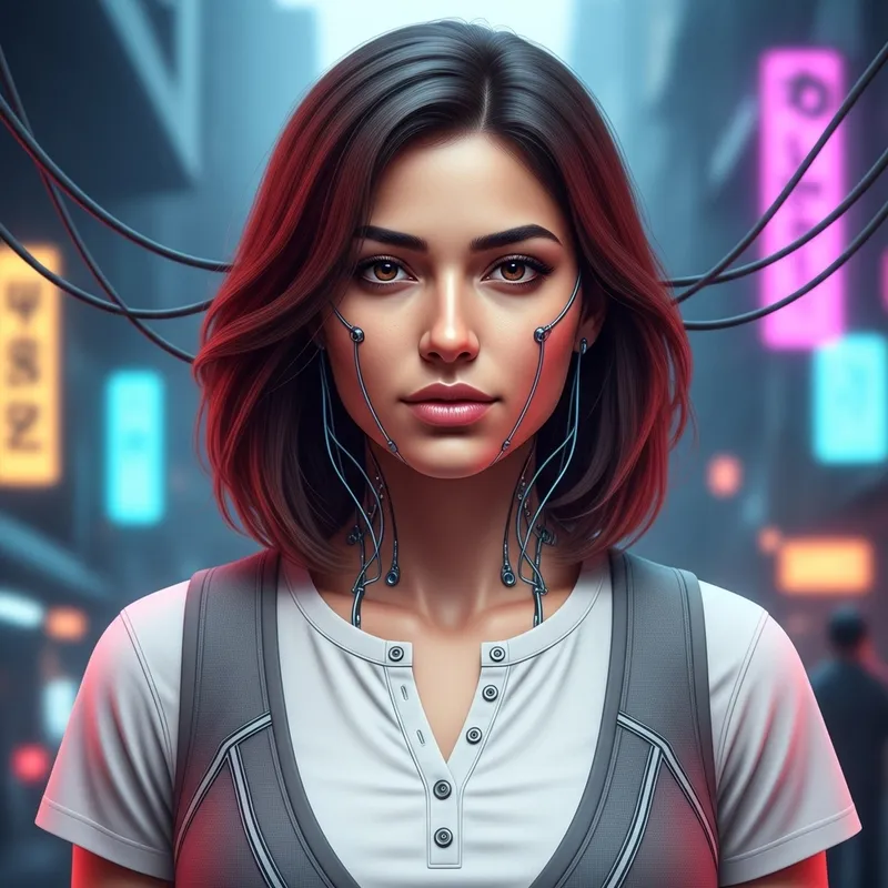 Futuristic 24-Year-Old Middle-Eastern Robotic Woman in Cyberpunk Setting