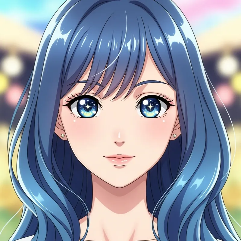 Blue Haired Anime Girl with Twinkling Starry Eyes