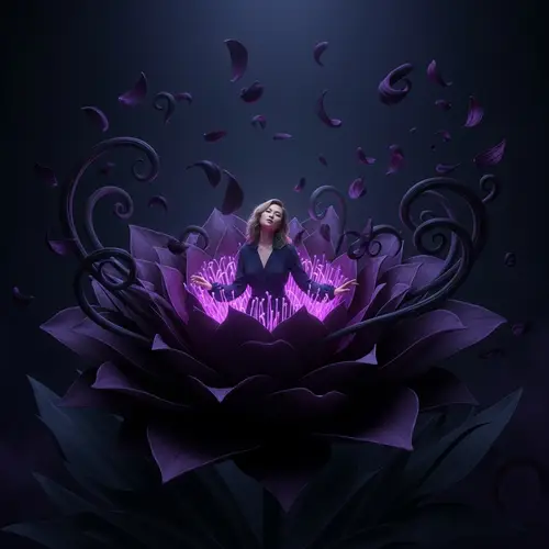 Ethereal Dark Fashion: Asian Lady in Bioluminescent Flower