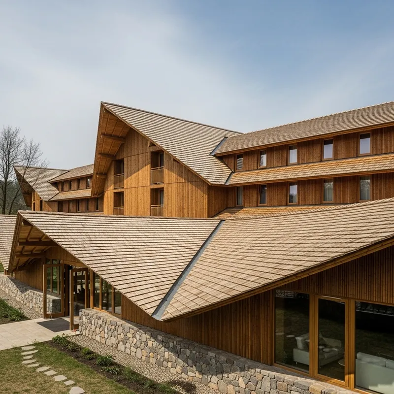 Eco-Luxury Hotel: Sustainable Design with Stone, Wood & Bamboo Roof