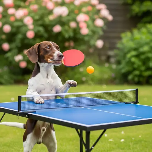Adorable Dog Playing Table Tennis in Lively Garden Setting