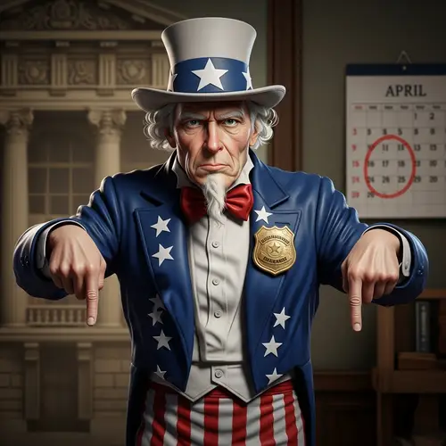 Elderly Uncle Sam Urges Tax Time - Governance Badge, Calendar
