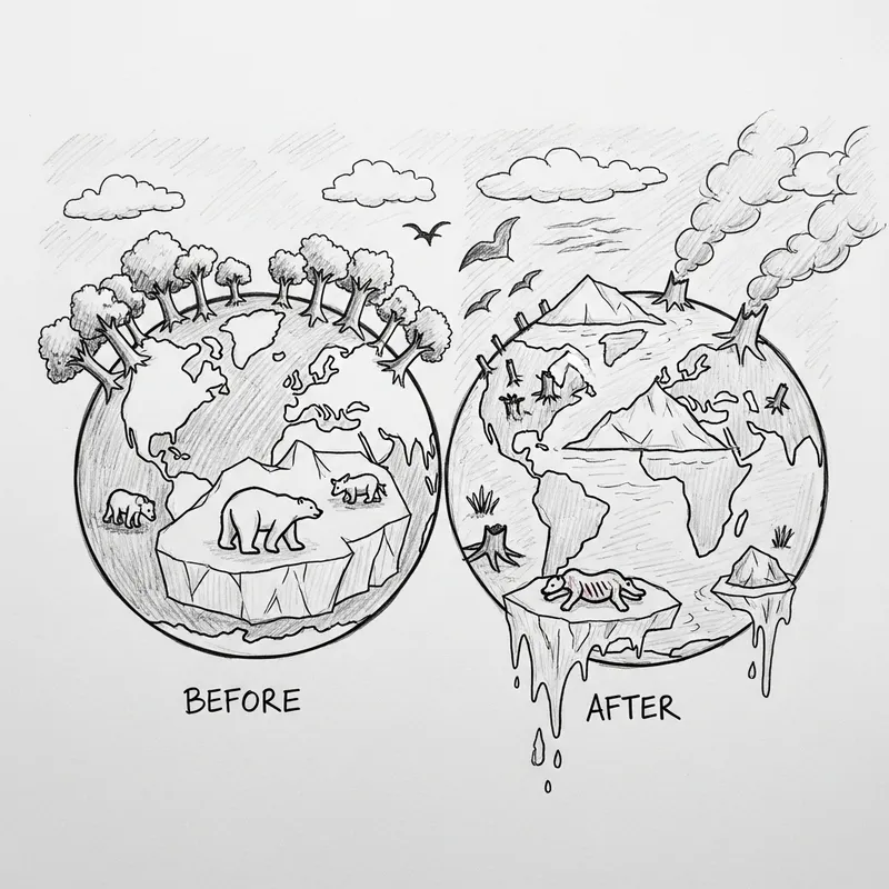Drawing Before and After Climate Change: Earth, Animals, Ice Caps