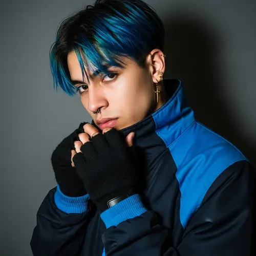Young Hispanic Man with Blue Streaks: Urban Grunge Aesthetic Photo