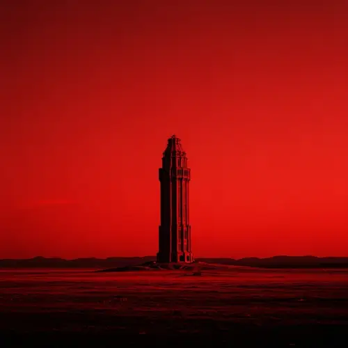 Imposing Tower in Haunting Red Sky - Desolate Earth Contrast
