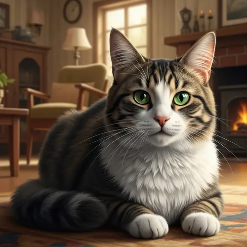 Solitary Domestic Cat with Fluffy Fur in Brown, Black, and White