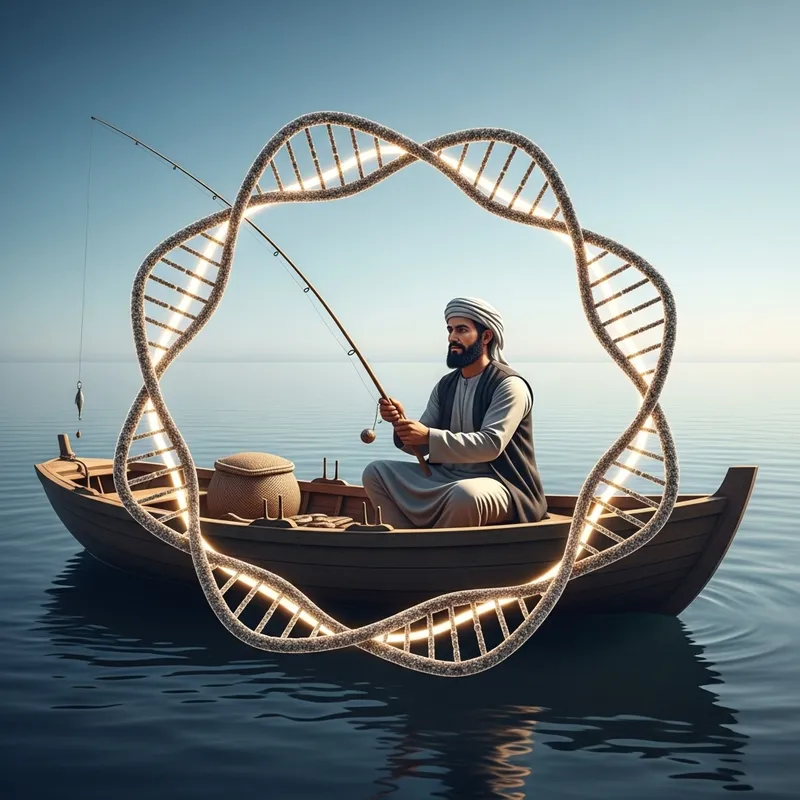 Tranquil Fishing Scene with DNA Border - Middle-Eastern Man Fishing in Antique Attire