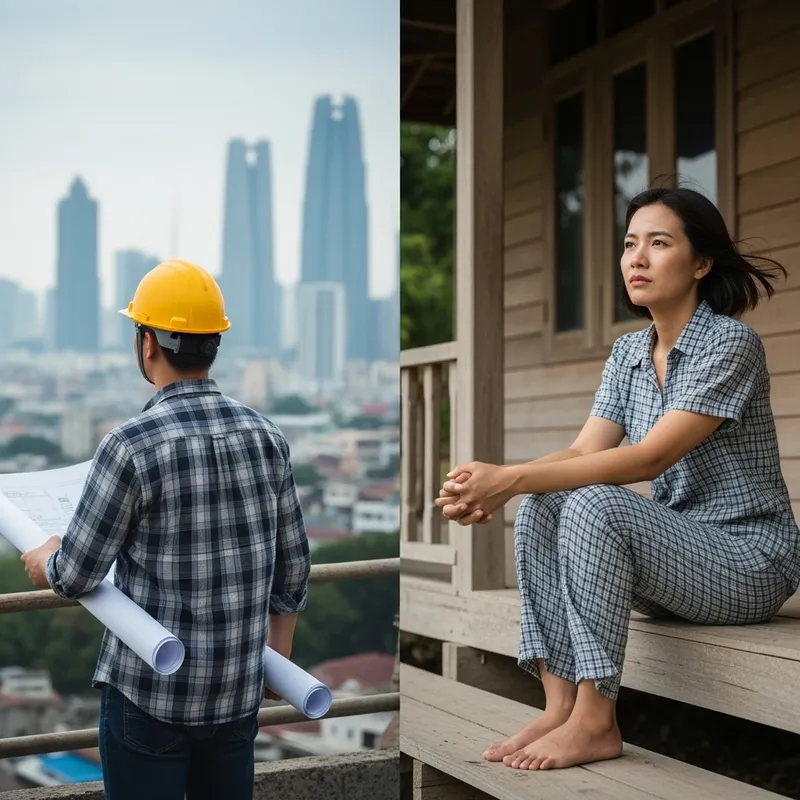 Asian Man Commuting Far from Home While Woman Waits