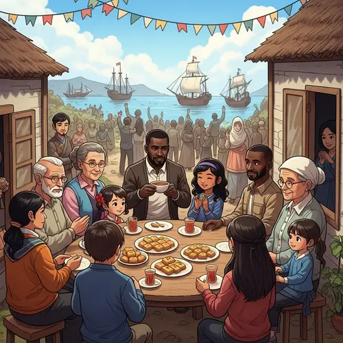 Multicultural Family Gathering Around Table with Baklava and Tea