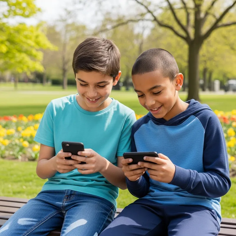 Kids on Mobilephone | Diverse Boys in Park Scene