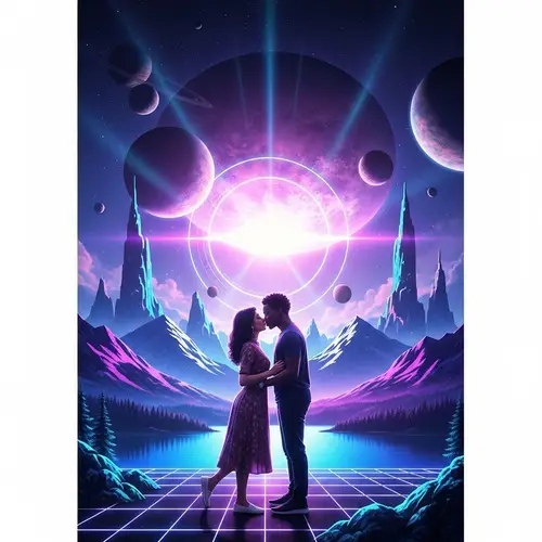 Vibrant Future World: Grandeur of Isoteric Elements | South Asian Woman & Black Man Kiss