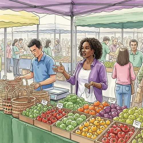 Lively Outdoor Farmers' Market Scene with Diverse Vendors