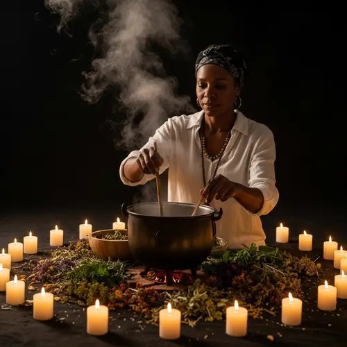 African American Woman Stirring Herbal Concoction in Ca - Tranquil Mystical Scene