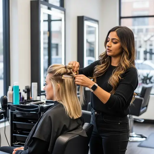 Expert South Asian Hairstylist Applying Tape Hair Extensions in Modern Salon