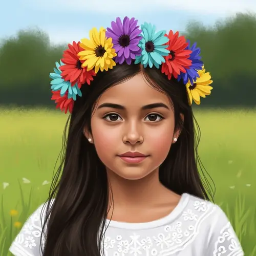 Whimsical Portrait of a Hispanic Girl with Multicolored Flower Crown