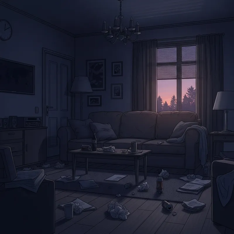 Tranquil Twilight Room with Sofa and Scattered Litter