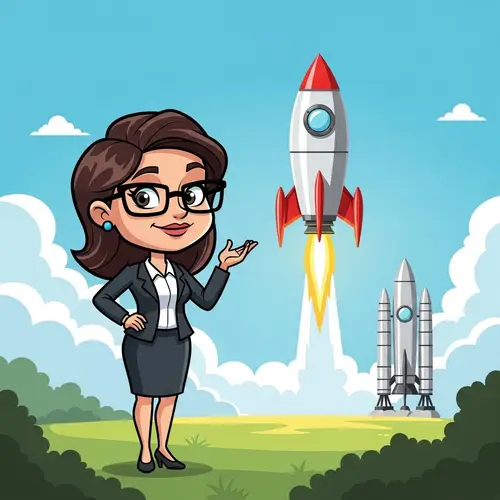 Whimsical Cartoon Illustration of Confident Businesswoman Launching Rocket